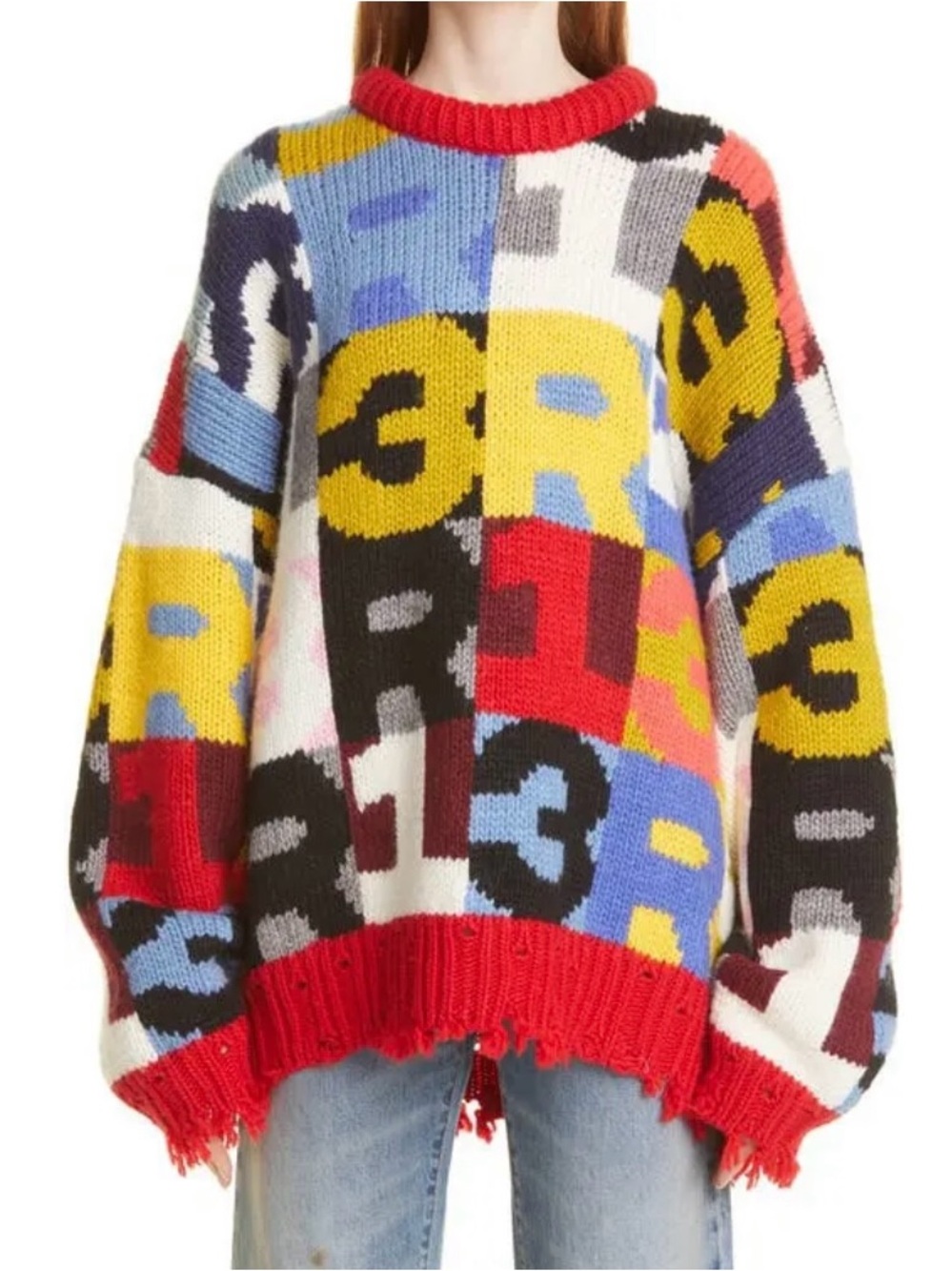 R13 Multicolor Intarsia Logo Chunky Sweater Sz S Oversized